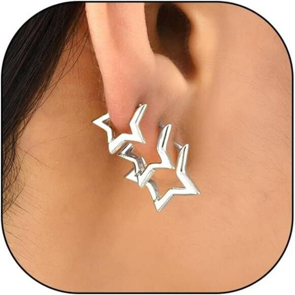 Silver Star Hoop Earrings Set Women Y2k Huggie Pentagram Statement Jewelry Gift - Picture 7 of 7